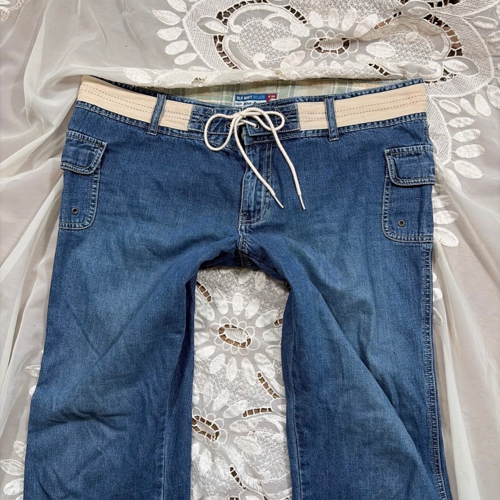 Old Navy Vintage 2004 Y2K Ultra Low Waist Cargo Jeans Blue Denim Drawstring 12